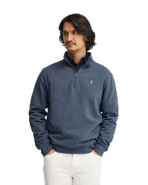Sweatshirt denimblau mit hohem Zip-Kragen und Rigby Go Stickerei