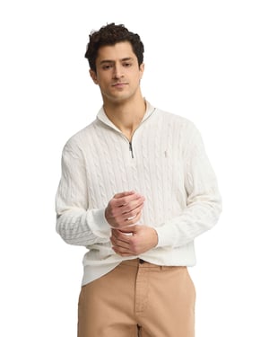 Zopfpullover ecru mit Zip-Kragen und Rigby Go Logo