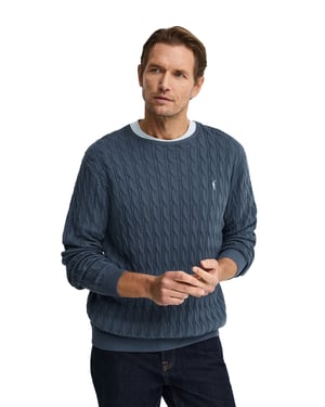 Strickpullover denimblau mit Zopfmuster und Rigby Go Logo