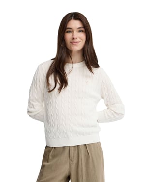 Strickpullover ecru mit Zopfmuster und Rigby Go Stickerei