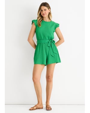 Grüner Playsuit mit Stretch-Struktur, Rüschen und elastischem Bund