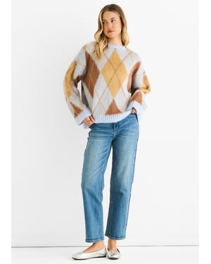 Runder-Ausschnitt-Pullover aus blauem Argyle-Strick