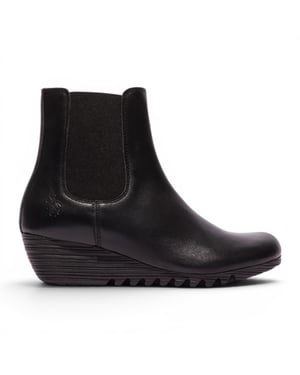 Fly London Damen Schwarze Leder-Chelsea-Stiefel mit Keilabsatz – ORFU496