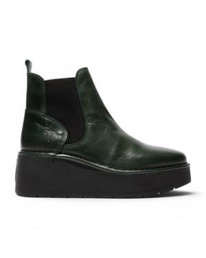 Fly London Womens Green Leather Chelsea Ankle Platform Boots – HELY268