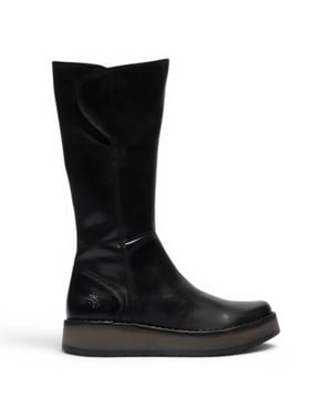 Fly London Damen Stiefel RHEA042, hoher Schaft, Pull-on-Design aus Leder - Schwarz