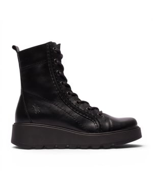 Fly London Damen Schwarze Leder-Schnürstiefel mit Keilabsatz – TERY554