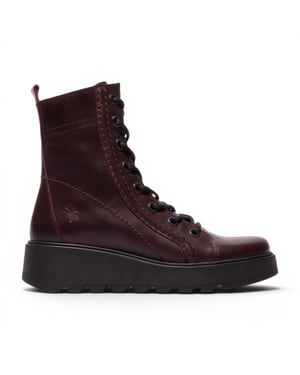 Fly London Womens Wine Leather Schnürstiefel mit Keilabsatz – TERY554