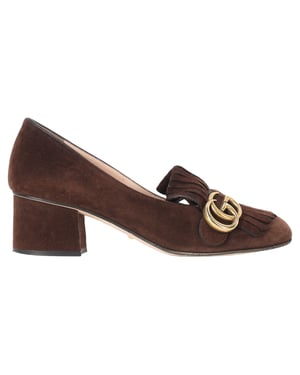 Gucci Marmont Loafer Pumps mit mittelhohem Absatz aus braunem Wildleder