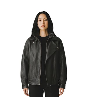 Damen-Schwarze Lammleder-Big Bomber Biker Blouson Oversize-Jacke – Krakau