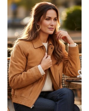 Damen-Tan Leder-Biker Blouson Bomber Oversize-Jacke – Moon