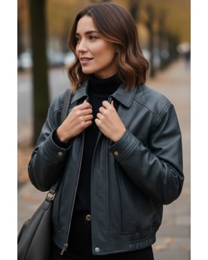 Damen Navy Leder Biker Blouson Bomber Oversized Jacke – Moon