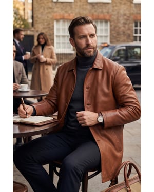 Infinity Leather Lange Lederjacke mit Kragen und Wappen Herren - Cognac