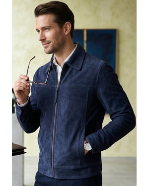 Herren Navy Goat Wildleder Harrington-Bikerjacke – Ridge