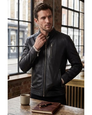 Herren gesteppte schwarze Lammleder-Bikerjacke – Raven