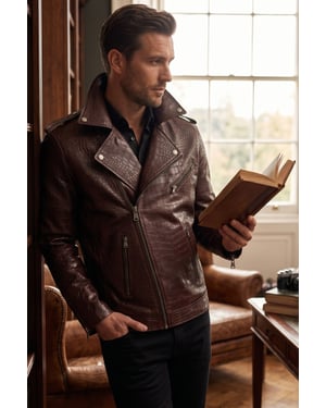 Herren braune Kuhleder-Alligatoren-Muster-Bikerjacke – Forge