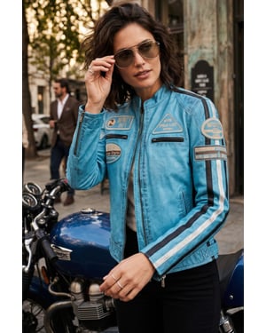 Damen-Biker-Rennabzeichen Blaue Lederjacke-Ahorn