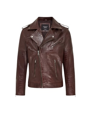 Herren braune Kuhleder-Alligatoren-Muster-Bikerjacke – Rot