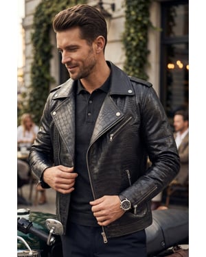 Herren schwarze Kuhleder-Alligatoren-Jacke mit geprägtem Biker-Muster – Forge