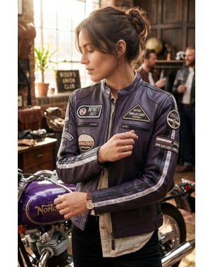 Damen-Biker-Rennabzeichen Lila Lederjacke – Ahorn