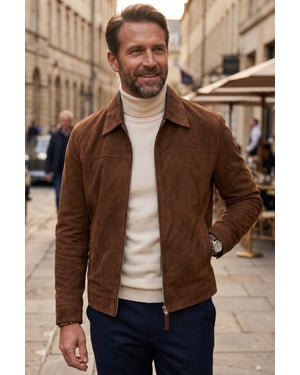 Herren Braune Ziegen-Wildleder-Harrington-Bikerjacke – Ridge