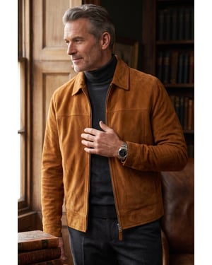 Herren Tan Goat Wildleder Harrington-Bikerjacke – Ridge
