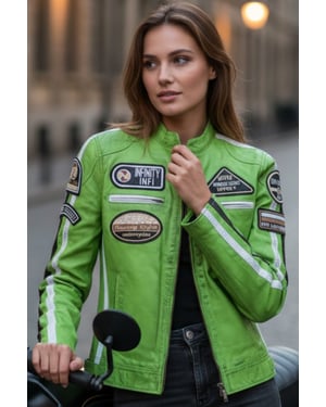 Damen-Biker-Rennabzeichen grüne Lederjacke – Ahorn