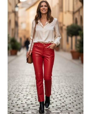 Damen Red Lamb Leather 501 Biker Jeans – Scharlachrot