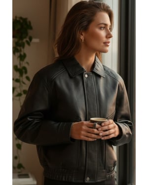 Damen Schwarze Leder-Biker Blouson Bomber Oversized Jacke – Moon