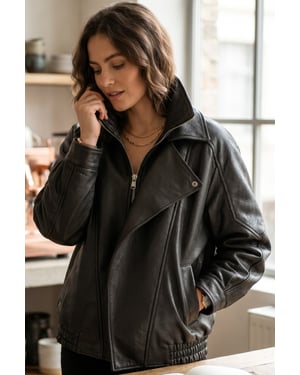 Damen-Schwarze Lammleder-Big Bomber Biker Blouson Oversize-Jacke – Bloom