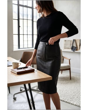 Damen, schwarzer Leder-Biker-Bleistift mit langer Midi-Rock – Belle