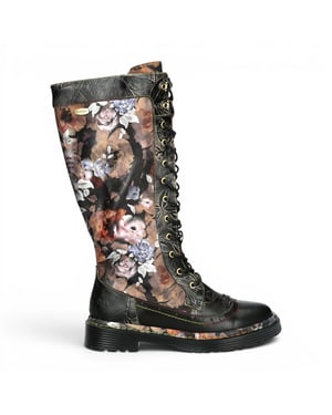 Laura Vita Damen-Maroon-Gothic-Floral-Schwarze Leder-Knie-Schnürstiefel – Incaso-50