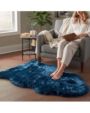 Echter Diamantblauer Schaffell, natürlicher, seidiger, weicher, flauschiger echter Wollteppich