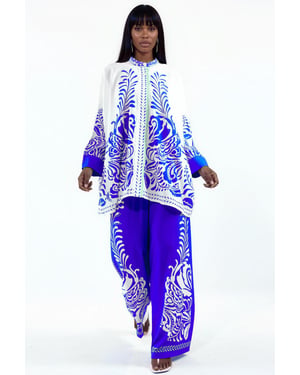 Muster-Bluse mit V-Ausschnitt und weit geschnittene Hose Set