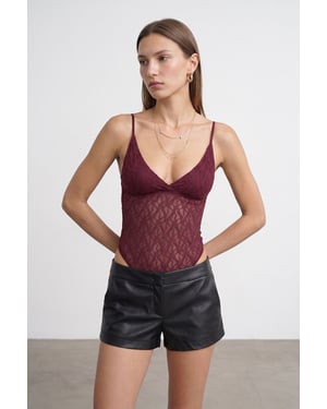 Dilvin Ärmelloser Spitzen-Bodybluse - Bordeaux