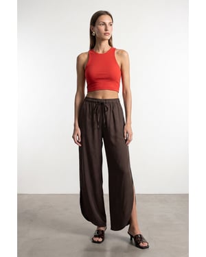 Dilvin Damen-Tencel-Hose, weit geschnitten, Crêpe mit Schlitz - Mokka
