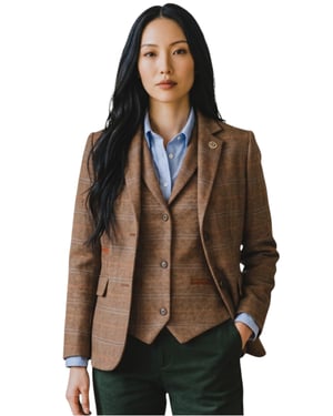 Damen-Eichenbraunes zweiteiliges kariertes formelles Tweed-Blazer und Westenset – TPSTZ-7