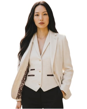 Damen cremefarbenes Fischgrät-Woll-Tweed-Blazer-Jackett-Zweiteiler-Set – WS-1