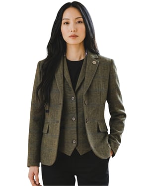 Damen-Olive 2-teilige karierte formelle Tweed-Blazer & Weste – TPSTZ-7