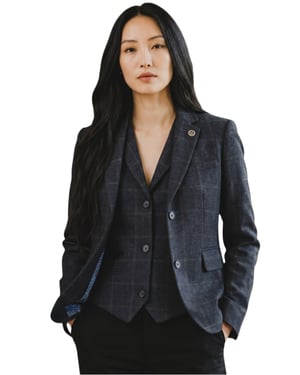 Damen-Marineblau zweiteiliger karierter formeller Tweed-Blazer und Westenset – TPSTZ-7