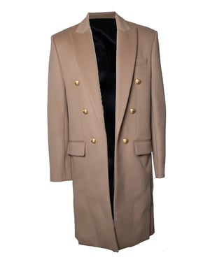 Balmain, beigefarbener Wollmantel mit goldenen Knöpfen