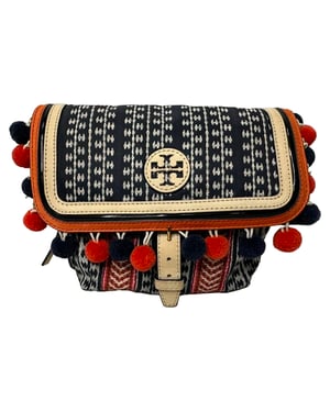 Tory Burch Scout Pom-Pom Umhängetasche aus mehrfarbigem Canvas