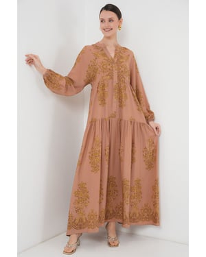 Gedrucktes V-Ausschnitt Maxikleid mit Knopfverschluss