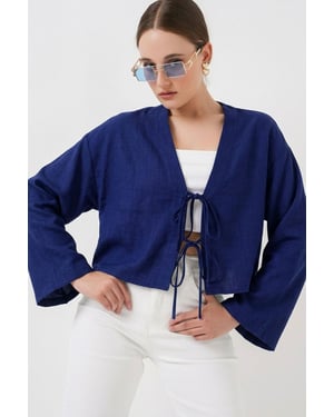 Viskose-Mix V-Ausschnitt Langarm-Kimono mit Bindungsdetails