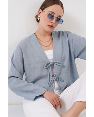 Viskose-Mix V-Ausschnitt Langarm-Kimono mit Bindungsdetails