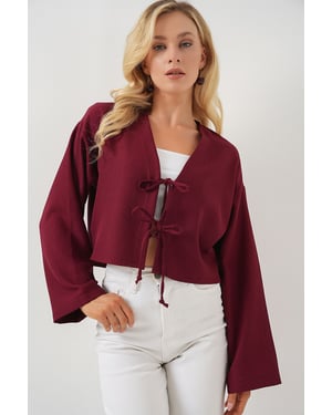 Viskose-Mix V-Ausschnitt Langarm-Kimono mit Bindungsdetails