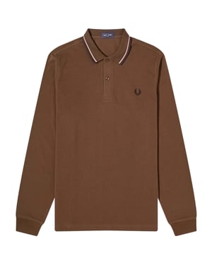 Fred Perry Poloshirt Mit Langen Ärmeln, Schwarz, Mit Zwei Farbtupfern Am Kragen Und In Der Farbe Burntobacco