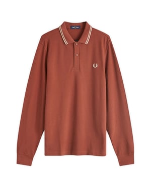 Fred Perry Poloshirt Mit Schwarzem Kragen Und Zwei Farbtupfern In Whiskybraun, Langärmlig