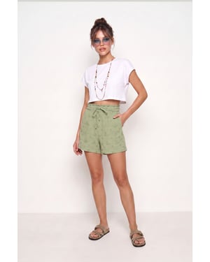 Happiness Istanbul Hochtaillierte Mini-Shorts mit Bindeband und Binde-Detail - Salbeigrün
