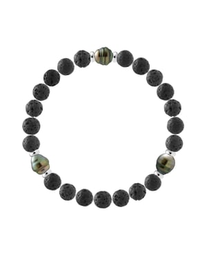 Manufacture Royale Des Perles Armband mit 3 echten Tahiti-Zuchtperlen 8–9 mm, Lava-Stein, 925er Silber, 21 cm, Herren - Petrol
