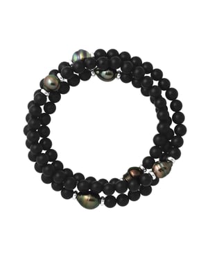 Armband Echte Tahiti-Zuchtperlen geringelt 8-9 mm SCHWARZER ACHAT — 925er Silber — 70 cm — Herren